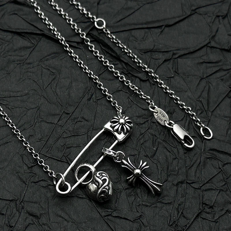 S925 Sterling Silver, Retro and Old Peach Heart Cross Pin Necklace, European and American Men's and Women's Personalities