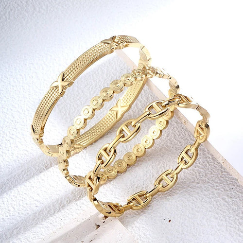 Factory Wholesale Luxury Designer Surgical Steel Pig Nose Cuff Bracelet Stainless Zircon Textured Geometric Chain Bangle Jewelry